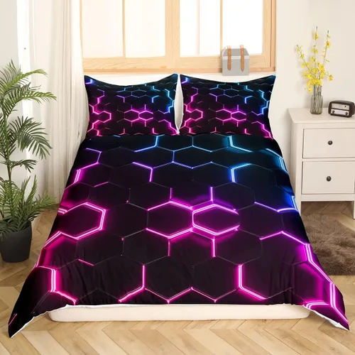 Vista 11 de Funda de edredón de panal para niños, hombres y niñas, juego de ropa de cama moderno con temática geométrica hexagonal, diseño de cuadrícula