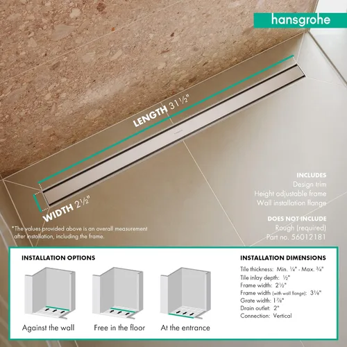 Vista 4 de hansgrohe RainDrain Match - Drenaje de ducha lineal para 31 1/2 pulgadas, áspero con marco de altura ajustable en acero inoxidable cepillado