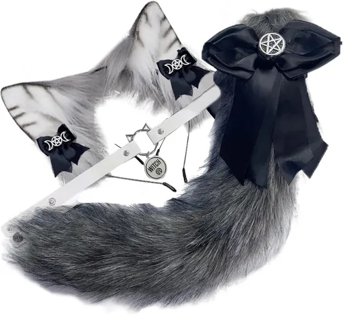 Vista 9 de VIGVAN Juego de orejas y cola de cosplay de animales, lobo, zorro, gato, mapache (blanco bronceado)