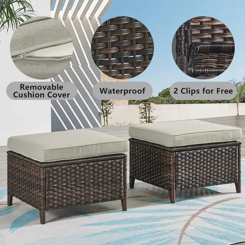 Vista 4 de Belord Juego de 2 taburetes otomanos de mimbre de ratán para todo tipo de clima, con cojines suaves para muebles de patio