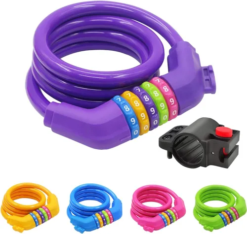 Vista 8 de Cable de bloqueo de bicicleta con soporte de montaje, bloqueo de cable de bicicleta con combinación de 5 dígitos, 4 pies de largo x 1/2 pulgada