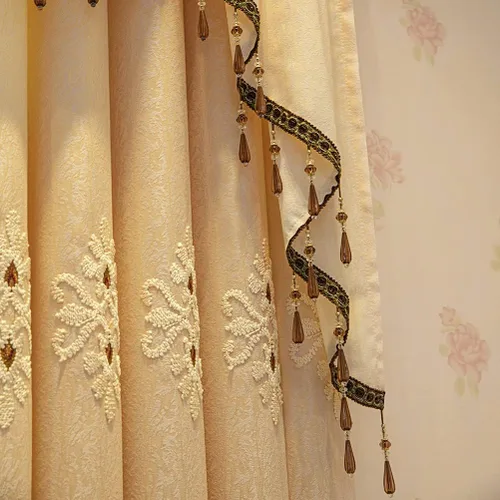 Vista 8 de ELKCA Cortinas bordadas de jacquard para dormitorio, cortinas beige de lujo para sala de estar, ojales superiores, 2 paneles