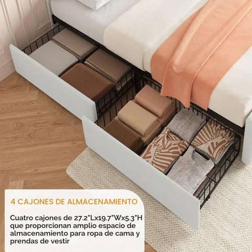 Vista 5 de IDEALHOUSE Marco de cama tamaño completo con 4 cajones de almacenamiento y cabecero, marco de cama plataforma tapizada en cuero sintético con Beige