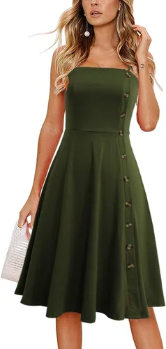 Vista 3 de Women's Casual Summer Beach Flattering Flowy A-Line Spaghetti Straps Solid Cotton Button Down Midi Sundress