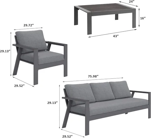 Vista 7 de Solaste Juego de muebles de aluminio para patio, sofá moderno de 4 piezas para exteriores con cojines resistentes al agua, juego de conversación