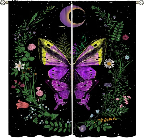 Vista 10 de Cortinas de Ventana Bohemias con Plantas Florales para Dormitorio de Niño y Niña, Cortinas de Ventana Góticas de Jardín Iluminado por la Luna