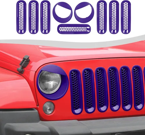 Vista 9 de Mesh Grille Grill Insert+ Headlight Turn Light Cover Trim Fit for 2007-2018 Jeep Wrangler JK JKU Style A(Red)