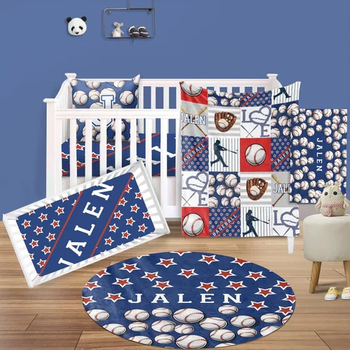 Vista 12 de Juego de ropa de cama para cuna de bebé, 5 piezas, diseño de bolas y arco iris, manta de bebé con nombre personalizado, sábana bajera para cuna