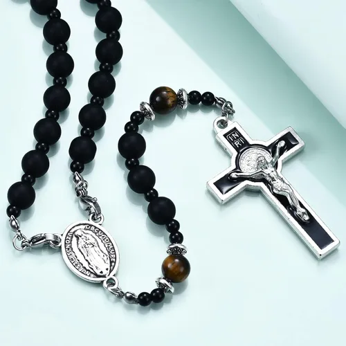 Vista 3 de Rosario de cuentas católicas hechas a mano de 0.315 pulgadas para hombre, collar de rosario negro grande con medalla milagrosa, rosarios, regalos