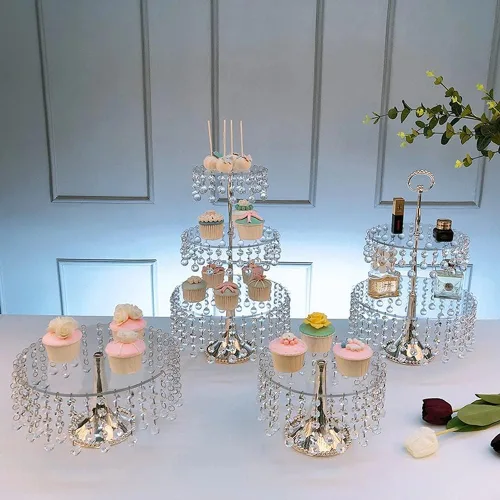 Vista 2 de Juego de 4 soportes redondos para cupcakes con colgantes de cristal, pedestal, exhibición, plato, soportes y bandejas, platos de metal para boda
