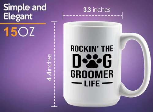 Vista 6 de Taza de café para peluquería de perros, 15 onzas, color blanco, Rockin the Groomer, apreciación del día de las mascotas, peluquero de perros