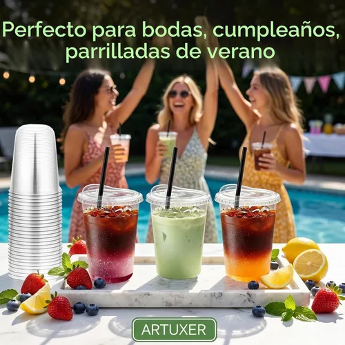 Vista 5 de Juego de 100 vasos de plástico transparente de 16 onzas con tapas para sorbos y popotes, tazas de café helado desechables con tapas para bebidas