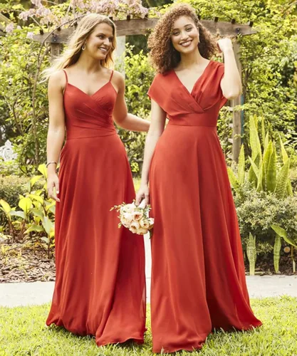 Vista 4 de DFDG Vestido de dama de honor de gasa con mangas de murciélago, largo con bolsillos, cuello en V, vestido formal de fiesta CM075