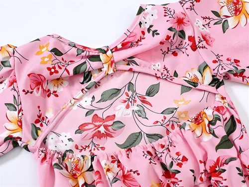 Vista 5 de SANGTREE Vestido floral de manga corta con corte en la espalda para niñas, 3-14 años