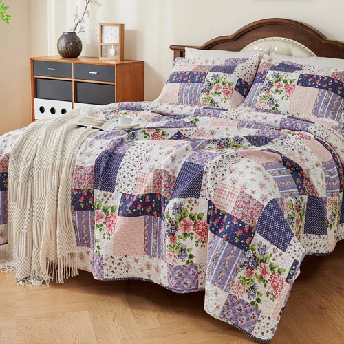 Vista 10 de EVENHUG Juego de Edredón de Retazos de 100% Algodón Tamaño Queen Ligero Floral Edredones Queen Juego de Ropa de Cama Colcha Cubrecama Cubierta