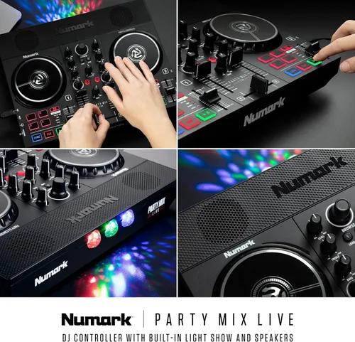 Vista 8 de Numark Party Mix Live DJ Controller con altavoces, luces, 2 cubiertas, mezclador, interfaz de audio y Serato Lite