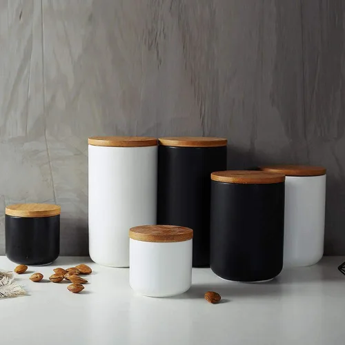 Vista 3 de Recipiente de cerámica para almacenamiento de alimentos, diseño moderno, con tapa de bambú hermética, para té, café, especias, frutos secos