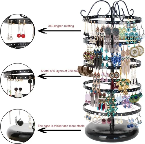 Vista 3 de MODOWEY Organizador de aretes giratorio de metal de 5 niveles, exquisito soporte de exhibición de joyas, soporte para collares, 220 agujeros