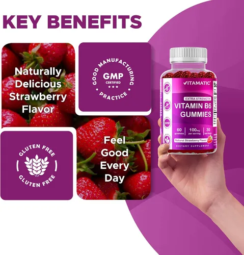 Vista 4 de Vitamatic Vitamina B6 100mg - Sabor a Bayas - 60 Gomitas a Base de Pectina - Apoya el Sistema Nervioso