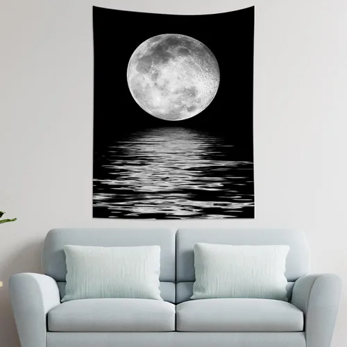 Vista 3 de LB Tapiz pequeño de luna llena sobre océano, tapiz de pared de cielo nocturno estrellado, fantasía 3D, arte de pared de luna grande en blanco