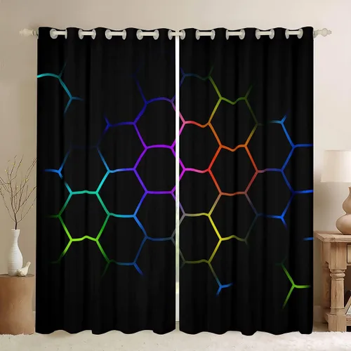 Vista 11 de Feelyou - Cortinas de ventana en forma de panal, tema geométrico hexagonal con luces de neón verdes, para chicos adolescentes y hombres, elegante