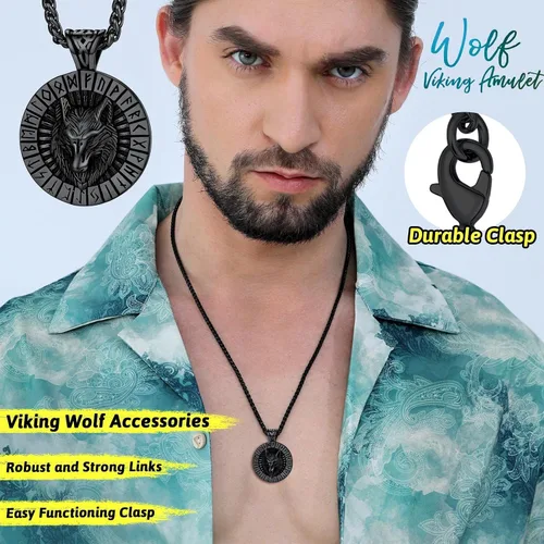 Vista 2 de FaithHeart Collar con colgante de lobo vikingo nórdico para hombres y mujeres, acero inoxidable, chapado en oro de 18 quilates, joyería con embalaje