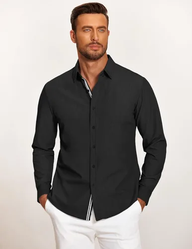 Vista 2 de COOFANDY Camisa casual con botones para hombre, camisa de vestir de mezclilla de manga larga