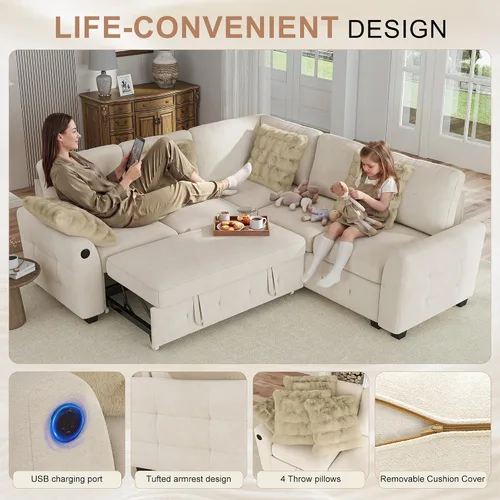 Vista 6 de Hanherry - Sofá seccional con sofá cama extraíble, sofá cama de chenilla con 2 asientos de almacenamiento y carga USB, cómodos sofás modulares