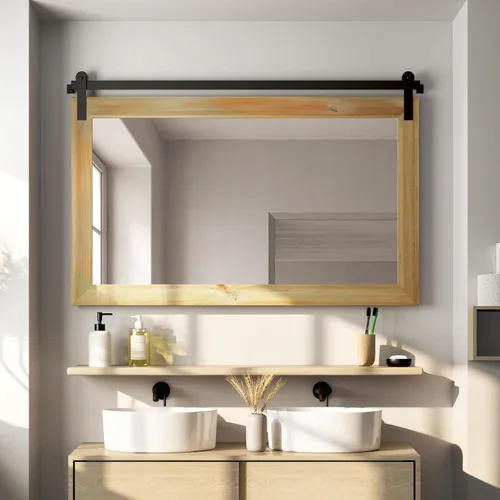 Vista 19 de COGOOD Espejo de puerta de granero de granja, 25 x 18 pulgadas, espejo decrativo con marco de madera rústica para baño, sala de estar, decoración