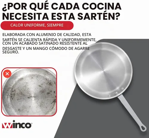 Vista 7 de Sartén Winco de aluminio de 10 pulgadas, acabado satinado