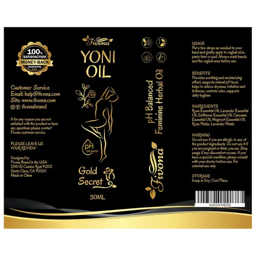 Vista 7 de Fivona Yoni Oil Gold Secret para el cuidado femenino calmante, mezcla natural de aceites esenciales, mezcla de aceite de hierbas hidratante