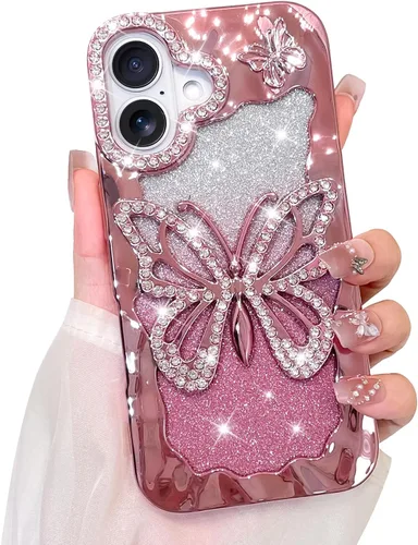 Vista 14 de Bonoma Funda con purpurina para iPhone 13 Pro Max, bonita funda 3D con patrón de chapado en degradado de mariposa de diamante, protección de cámara