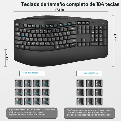 Vista 7 de Combo de teclado y mouse inalámbricos, teclas onduladas de tamaño completo 2.4G, teclado ergonómico con reposamuñecas, soporte para teléfono, mouse
