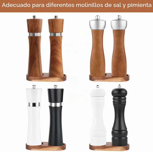 Vista 3 de VanlonPro Bandeja para Molino de Sal y Pimienta, Bandeja de Madera de Acacia, Soporte y Descanso para Molinillo de Pimienta