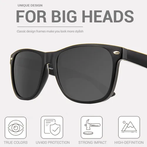 Vista 3 de MAXJULI Gafas de sol polarizadas para cabezas grandes, hombres y mujeres, protección UV 400, lentes de sol de grano de madera 8809 B1.negro/gris