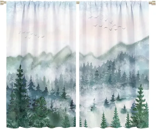 Vista 30 de BAEKJIN Cortinas verdes de bosque brumoso, acuarela, naturaleza, paisaje, plantas, árbol, bolsillo para barra, opacas, tratamiento de ventana