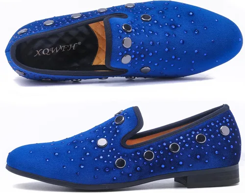 Vista 2 de Mocasines de terciopelo con diamantes de imitación para hombre, zapatos de vestir con placa dorada, zapatos de fumar sin cordones para fiestas