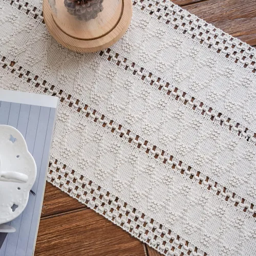 Vista 7 de Camino de mesa de macramé, color beige crema, bohemio, con borlas, camino de mesa de algodón tejido a mano, camino de mesa rústico para cocina