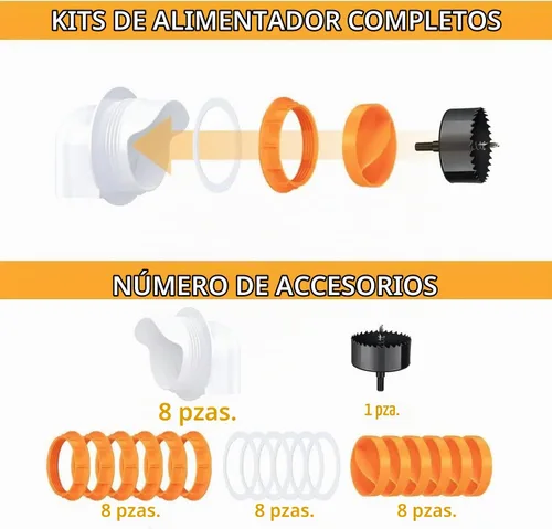 Vista 8 de 8 Chicken Feeder Ports,DIY Poultry Feeder Cups with Lids & Drill Bit,Orange Alimentadores automáticos impermeables del pollo de la gravedad ningún