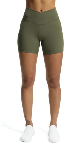 Vista 2 de Aoxjox Trinity - Pantalones cortos de ciclismo para mujer, cintura cruzada, cintura cruzada, cintura alta, ejercicio, atletismo, gimnasio, correr