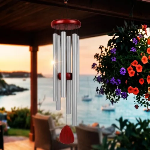 Vista 8 de Campanillas de viento de aluminio para jardín y patio al aire libre con tonos profundos relajantes, crea un ambiente tranquilo con un sofisticado