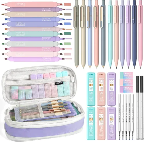 Vista 13 de Nicpro Juego de 50 artículos escolares con estuche para lápices, 6 bolígrafos de gel y recargas, 12 resaltadores, 6 lápices mecánicos artísticos, 12