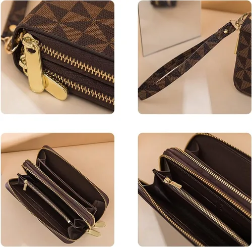 Vista 5 de Veki Billetera para mujer con doble cremallera y correa para la muñeca, monedero de cuero para tarjetas de crédito para mujeres y hombres, Negro A
