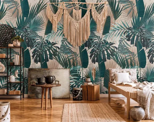 Vista 3 de CONCORD WALLCOVERINGS ™ Papel tapiz floral para dormitorio, hojas de palmera, beige, azul y verde, 63 pulgadas de ancho x 110 pulgadas de alto, 3