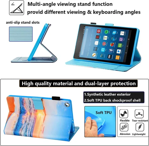 Vista 6 de Funda para tablet Fire HD 8 de 8ª/7ª/6ª generación de 8.0 pulgadas con soporte para lápices [encendido y apagado automático] ranuras para tarjetas