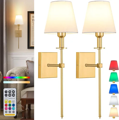 Vista 11 de Juego de 2 apliques de pared a pilas, para interiores, sin cableado, apliques de pared inalámbricos recargables con control remoto regulable