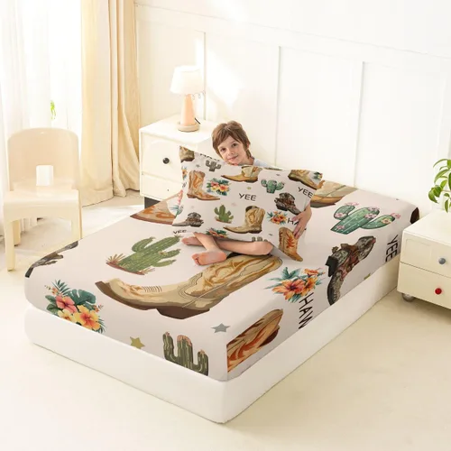 Vista 4 de Erosebridal Western Cowgirl Sheet Set Twin Western Cowboy Bed Sheets for Kids Boys Girls Horseshoe Boots Southwestern Flat Fitted Sheet Wild West