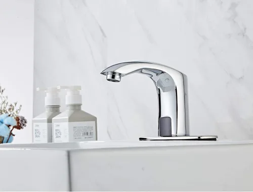 Vista 5 de Grifo de lavabo de baño sin contacto automático cromado con drenaje de placa de cubierta Dual-Powered Vanity Faucets Hands Free Water Tap with
