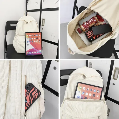 Vista 8 de Mochila estética, bonita mochila de pana, suministros escolares, bolsa para computadora portátil para adolescentes, niñas, mujeres, estudiantes
