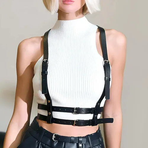 Vista 4 de Punk Waist Leather Chain Belt Harness Strappy Adjustable Body Accessories